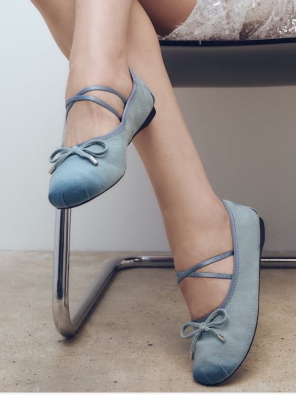 Zara Light Blue Crisscross Bow Ballet Flats